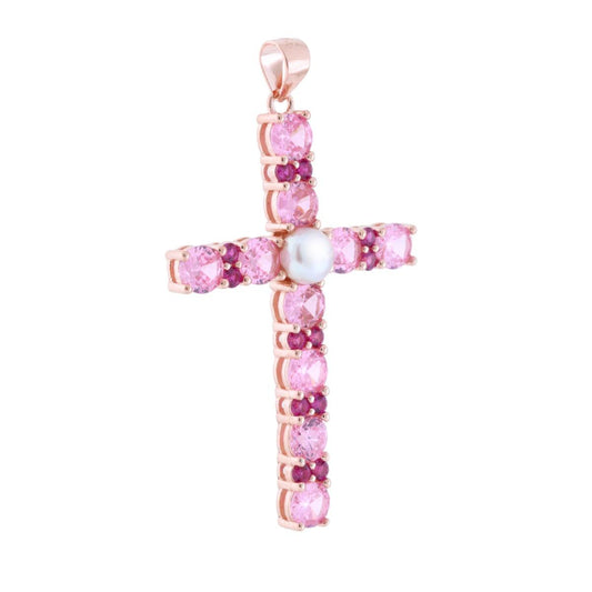 Ciondolo a forma di croce con cubic zirconia colore Rosa, Rosso Rubino e Bianchi montati su 4 Griffe con perla centrale bianca e in vetro perlato.