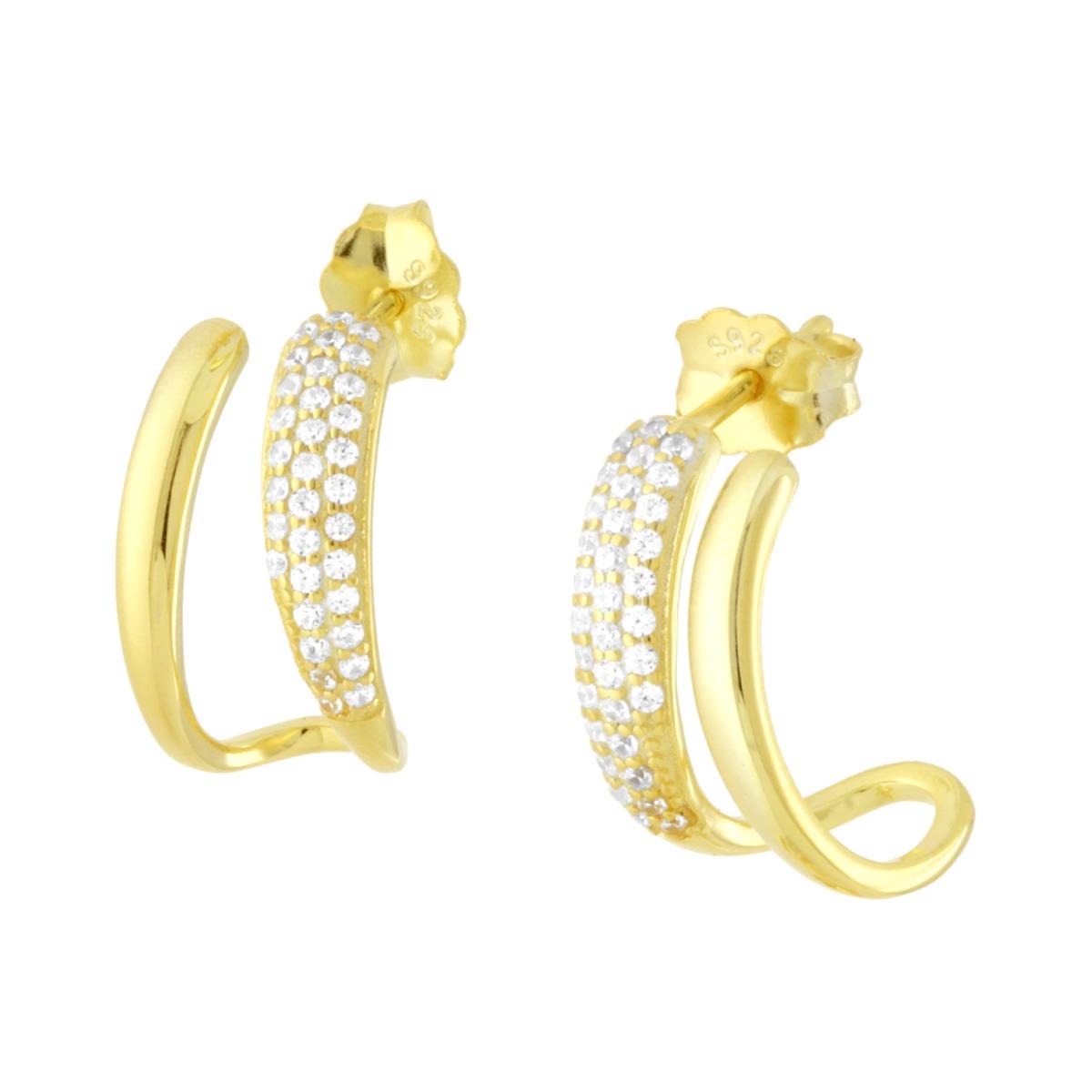 Orecchini Semicerchio doppia canna con Cubic Zirconia Bianchi in ARGENTO 925 Galvanica Oro