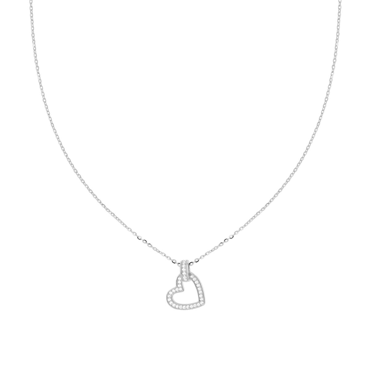 Collana Catena Forzatina Diamantata con Cuore e Cubic Zirconia Bianchi in ARGENTO 925 Galvanica Rodio