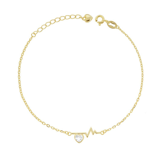 Bracciale Catena Forzatina Diamantata con Battito e Cuore Cubic Zirconia Bianco in ARGENTO 925 Galvanica Oro