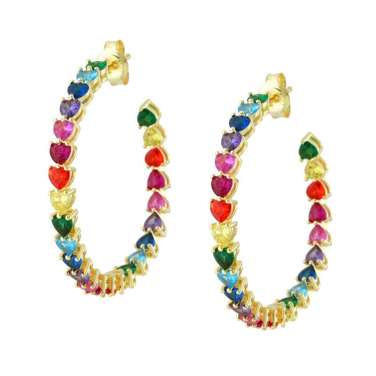 Orecchini Cerchio con Cuori Cubic Zirconia Multicolor Rainbow in ARGENTO 925 Galvanica Oro