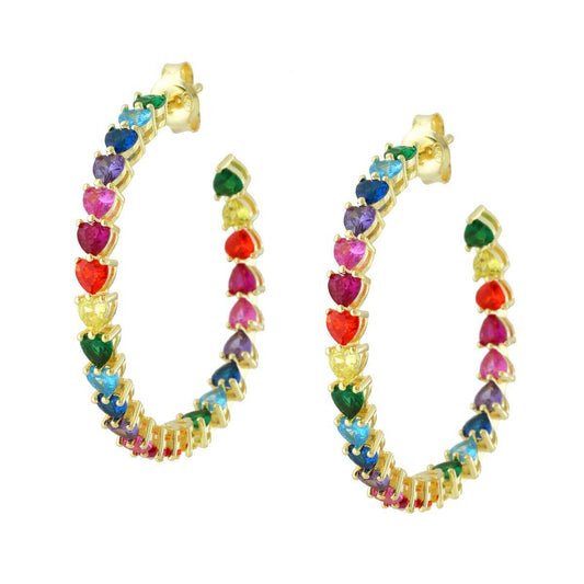 Orecchini Cerchio con Cuori Cubic Zirconia Multicolor Rainbow in ARGENTO 925 Galvanica Oro