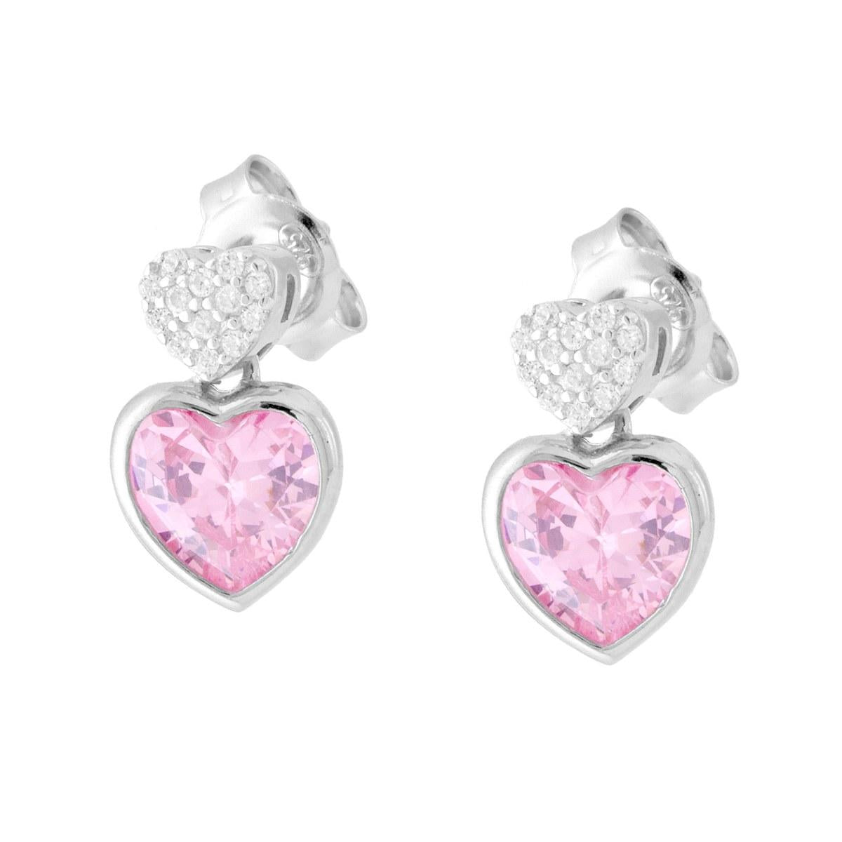Orecchini Cuori con Cubic Zirconia Rosa in ARGENTO 925 Galvanica Rodio