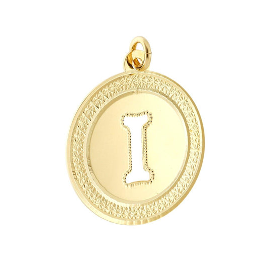 Ciondolo di forma tonda con lettera I iniziale nome traforata, finitura lucida e diamantata.