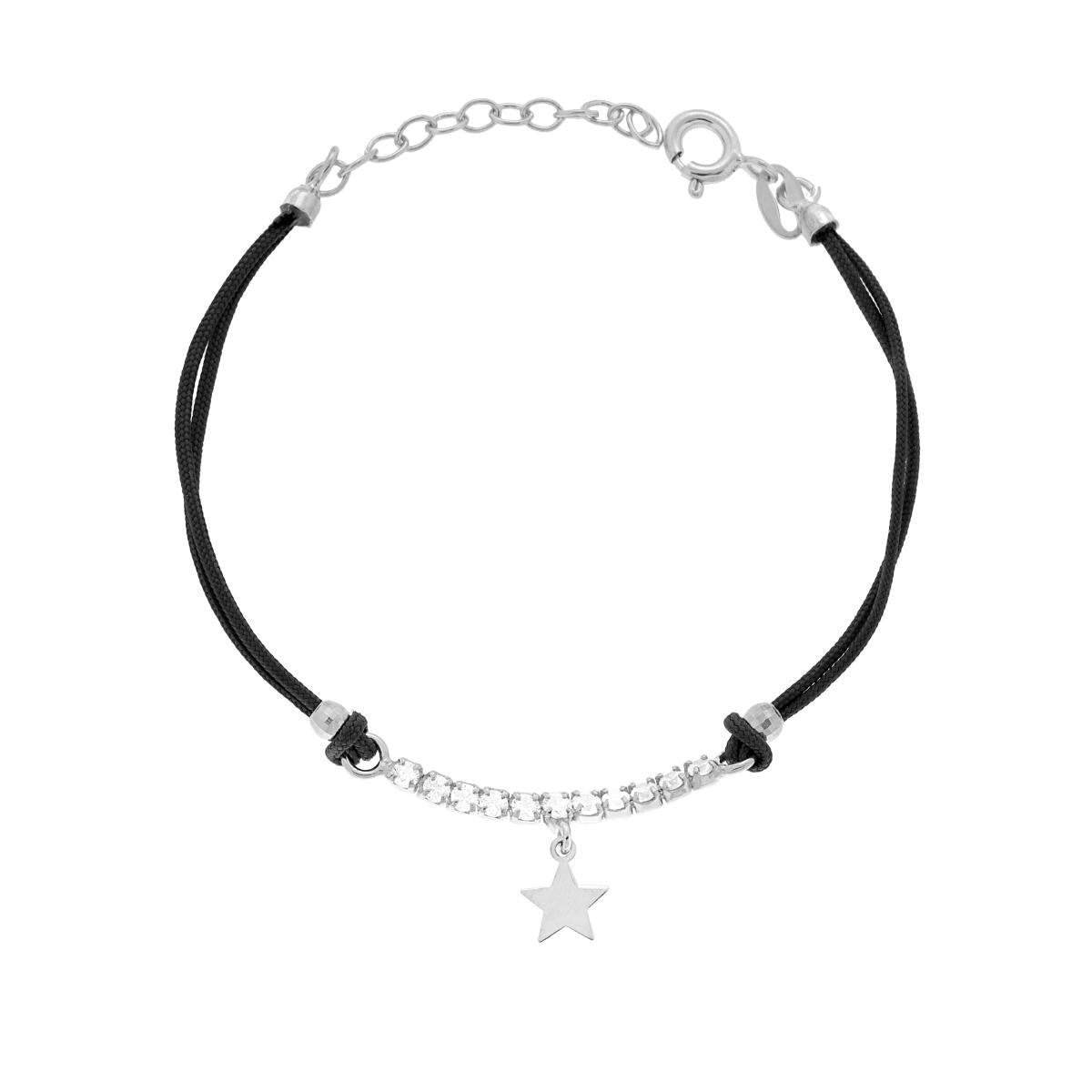 Bracciale Cordoncino Cotone Nero con centrale Tennis Cubic Zironia Bianchi e Stella pendente in ARGENTO 925 Galvanica Rodio