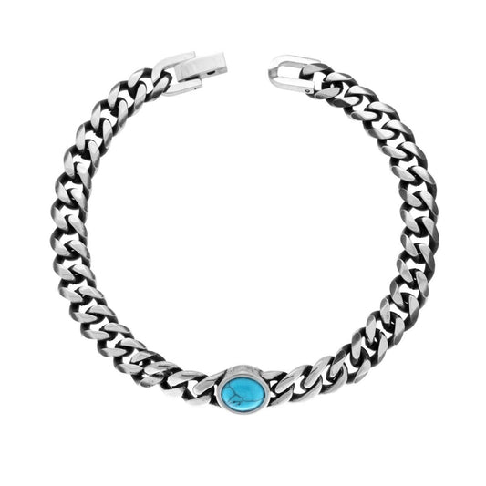 Bracciale Uomo Catena Grumetta Diamantata con Tondo Turchese in ACCIAIO Brunito