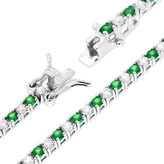 Bracciale Tennis Griffe cm 16.5 con Zirconi mm 2 Bianchi e Verde Smeraldo alternati in ARGENTO 925 Galvanica Rodio