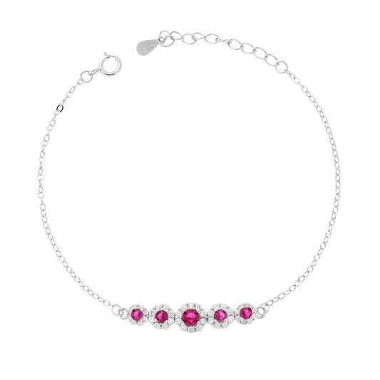 Bracciale Catena Forzatina Diamantata con Fiori Cubic Zirconia Rosso Rubino e Bianchi in ARGENTO 925 Galvanica Rodio