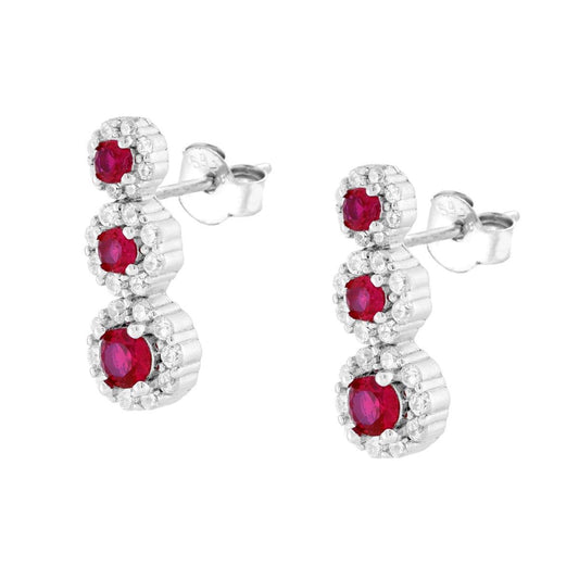 Orecchini Trilogy Degrade Fiori Rosso Rubino contornati da Cubic Zirconia Bianchi in ARGENTO 925 Galvanica Rodio