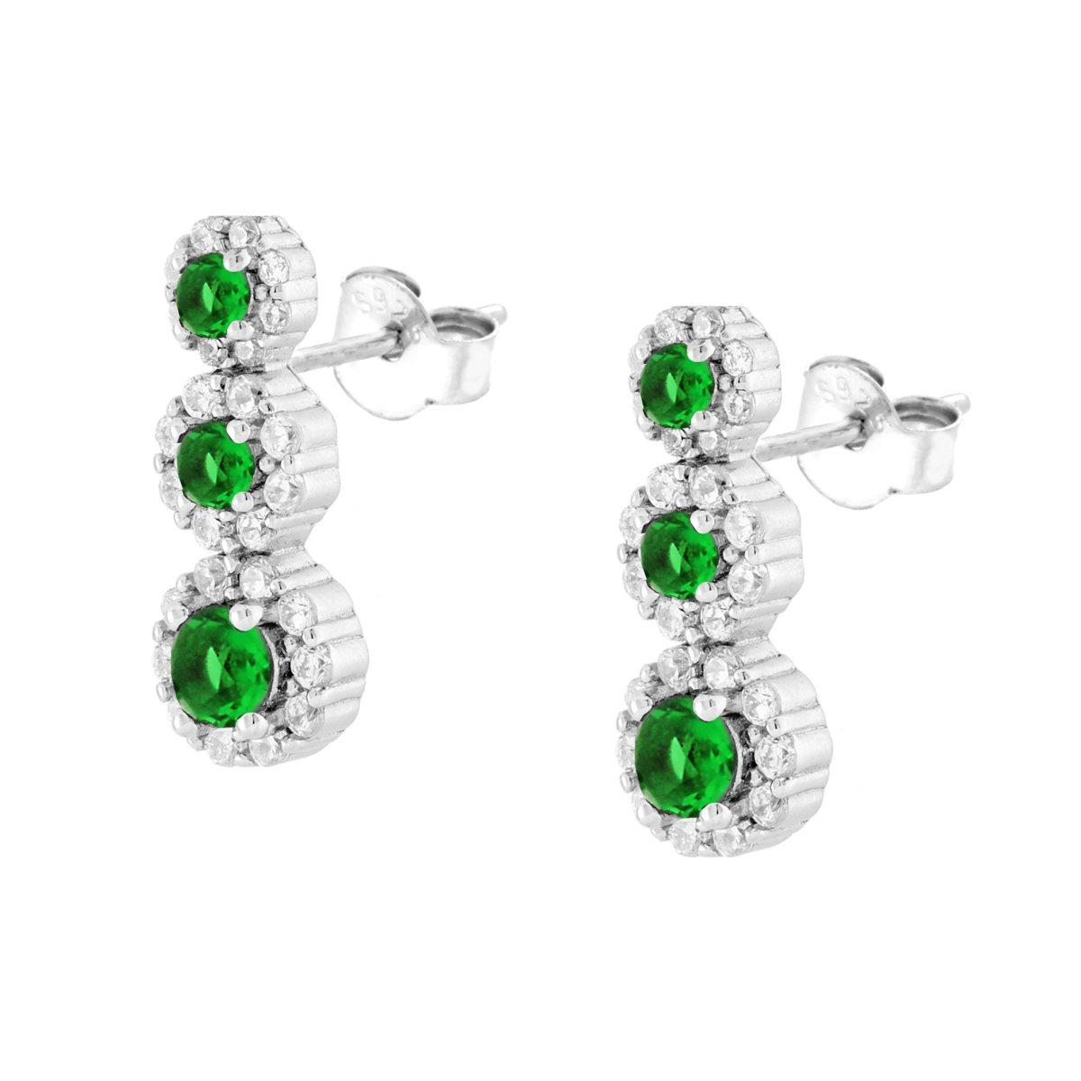 Orecchini Trilogy Degrade Fiori Verde Smeraldo contornati da Cubic Zirconia Bianchi in ARGENTO 925 Galvanica Rodio
