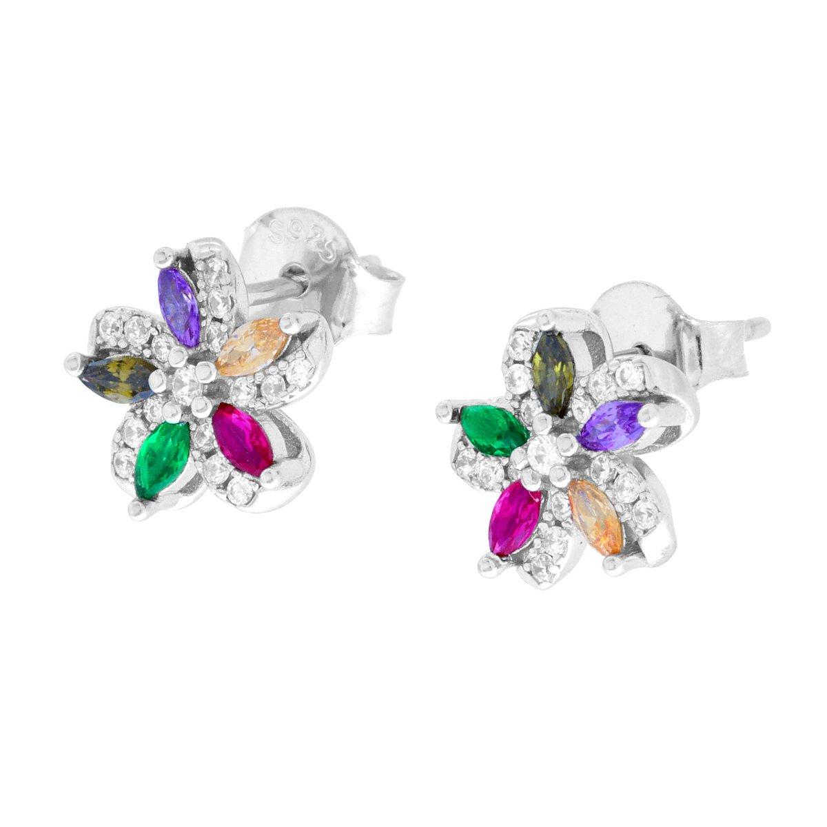 Orecchini Fiore con Cubic Zirconia Multicolor in ARGENTO 925 Galvanica Rodio