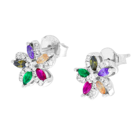 Orecchini Fiore con Cubic Zirconia Multicolor in ARGENTO 925 Galvanica Rodio