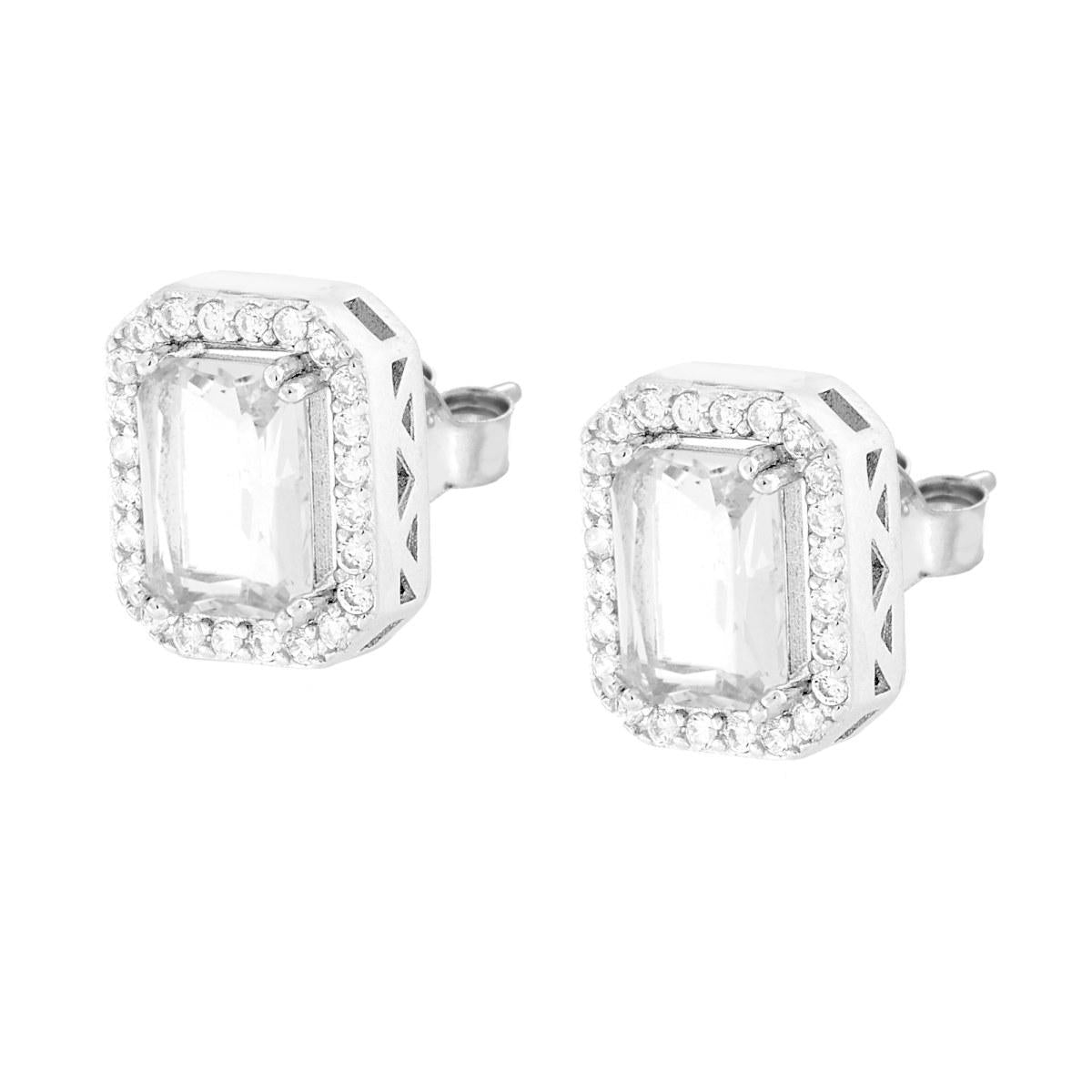 Orecchini Rettangolari Cubic Zirconia Bianco contornato da Cubic Zirconia Bianchi in ARGENTO 925 Galvanica Rodio