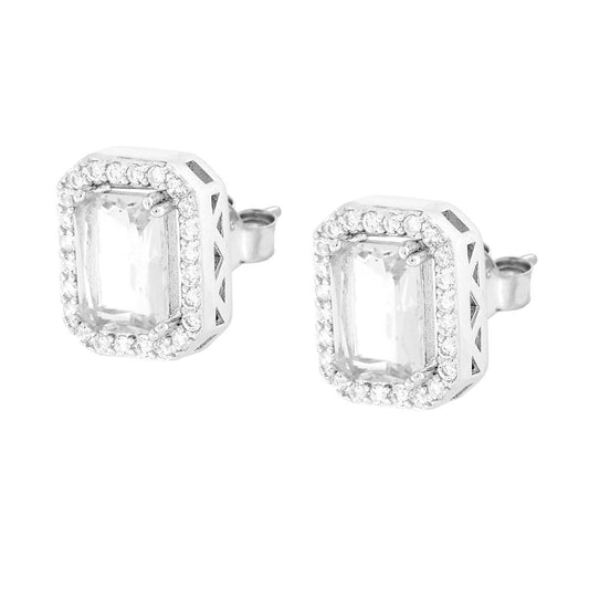 Orecchini Rettangolari Cubic Zirconia Bianco contornato da Cubic Zirconia Bianchi in ARGENTO 925 Galvanica Rodio