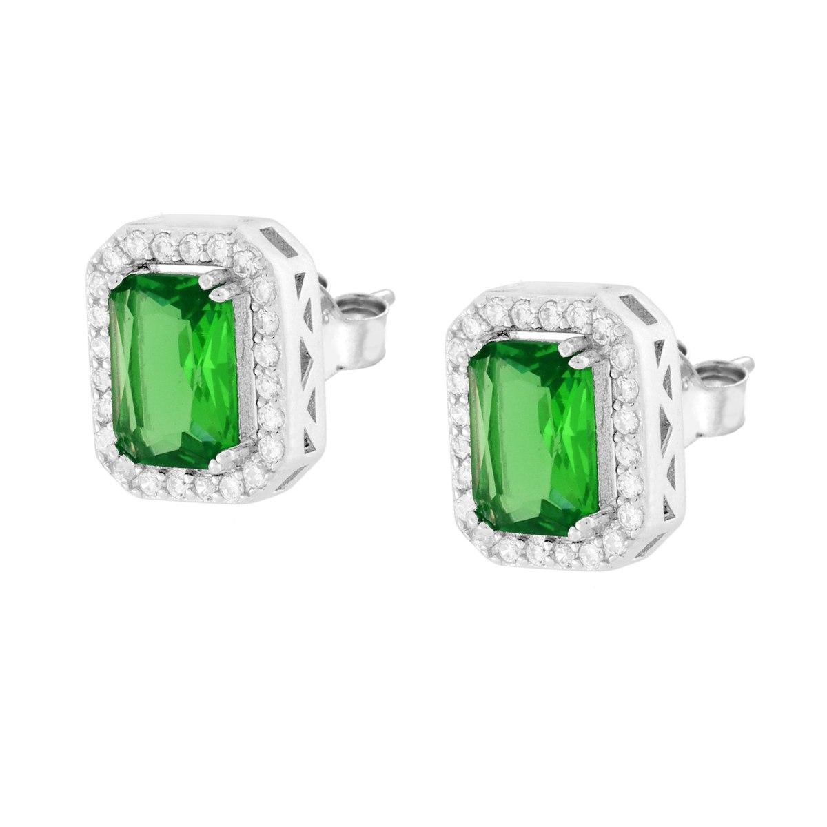 Orecchini Rettangolari Cubic Zirconia Verde Smeraldo contornato da Cubic Zirconia Bianchi in ARGENTO 925 Galvanica Rodio