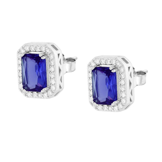 Orecchini Rettangolari Cubic Zirconia Blu Zaffiro contornato da Cubic Zirconia Bianchi in ARGENTO 925 Galvanica Rodio