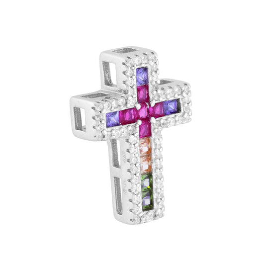 Ciondolo a forma di croce con passante per catena cubic zirconia carrč multicolor e bianchi incastonati.
