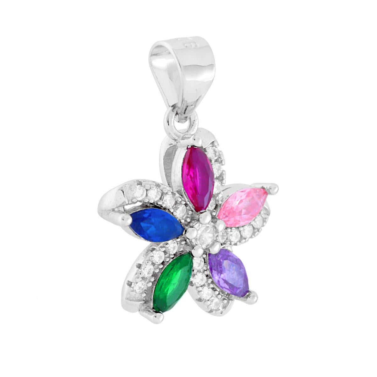 Ciondolo a forma di fiore con cubic zirconia marquise multicolor e bianchi incastonati.<BR>