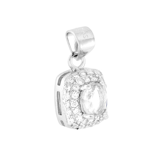 Ciondolo rettangolare con Cubic zirconia ovale colore Bianco su montatura 4 Griffe, con cubic zirconia bianchi incastonati intorno.<BR>