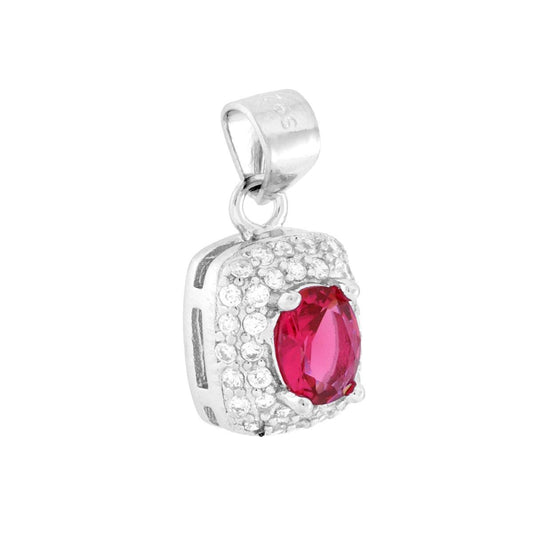 Ciondolo rettangolare con Cubic zirconia ovale colore Rosso Rubino su montatura 4 Griffe, con cubic zirconia bianchi incastonati intorno.<BR>