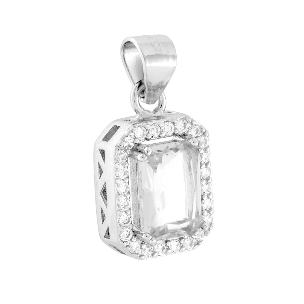 Ciondolo rettangolare con Cubic zirconia colore Bianco su montatura 4 Griffe, con cubic zirconia bianchi incastonati intorno.<BR>