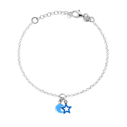Bracciale Catena Rolo Diamantata con Luna e Stella Smalto Azzurro pendenti in ARGENTO 925 Galvanica Rodio