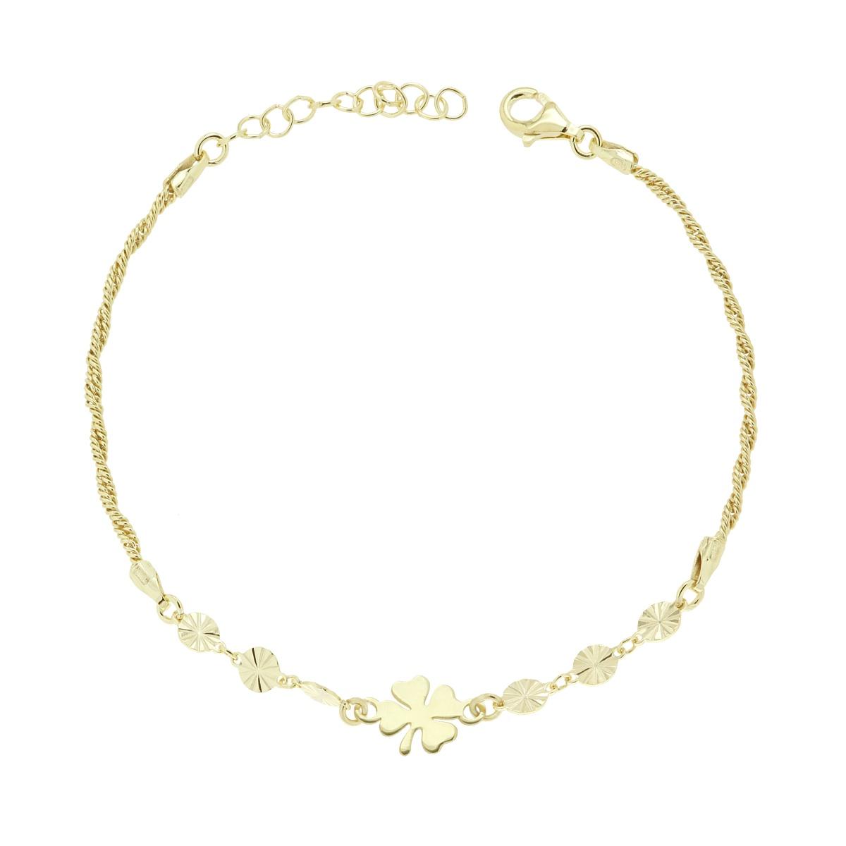 Bracciale Catena Intrecciata Diamantata con Quadrifoglio e Tondi Diamantati in ARGENTO 925 Galvanica Oro