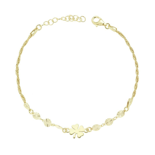 Bracciale Catena Intrecciata Diamantata con Quadrifoglio e Tondi Diamantati in ARGENTO 925 Galvanica Oro