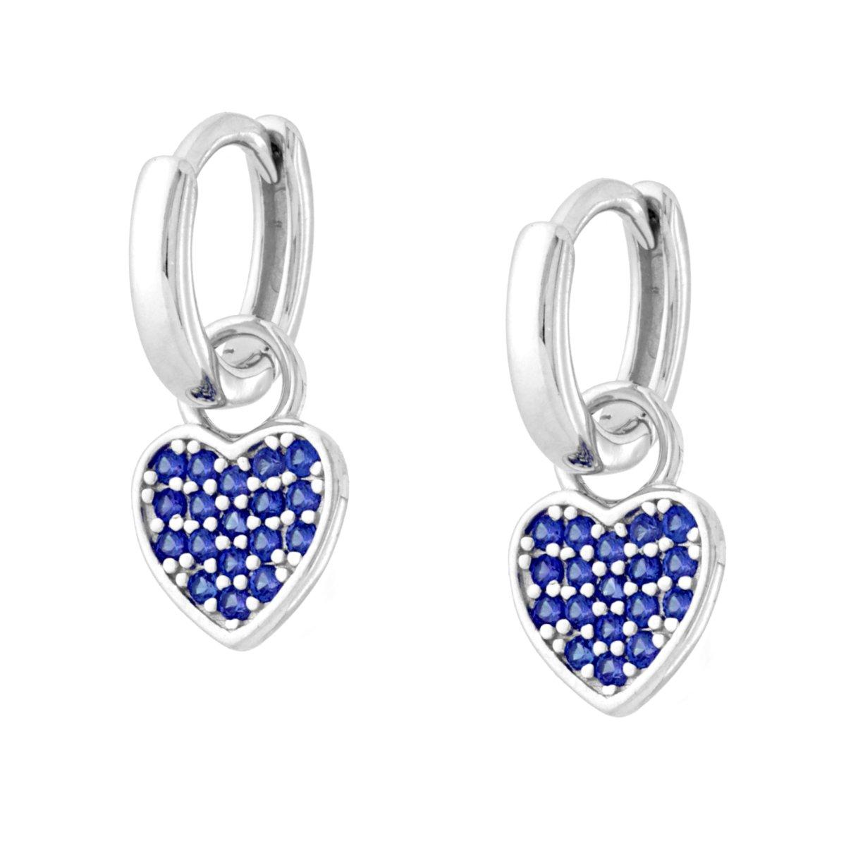 Orecchini Cerchio Scattino con Cuore pendente e Cubic Zirconia Blu Zaffiro in ARGENTO 925 Galvanica Rodio