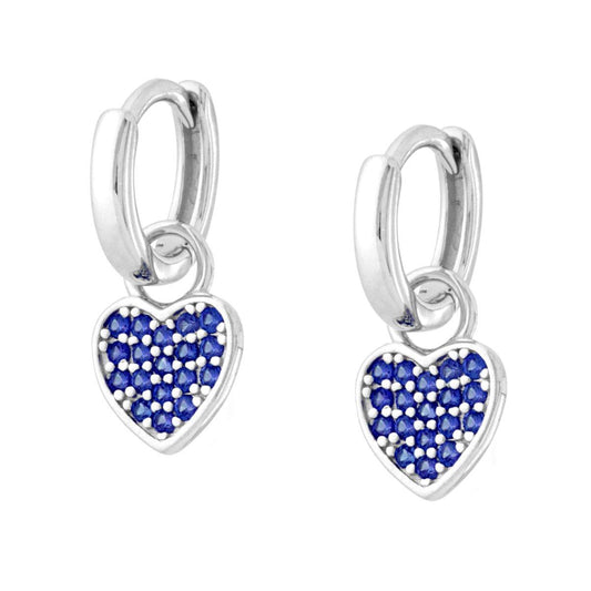Orecchini Cerchio Scattino con Cuore pendente e Cubic Zirconia Blu Zaffiro in ARGENTO 925 Galvanica Rodio