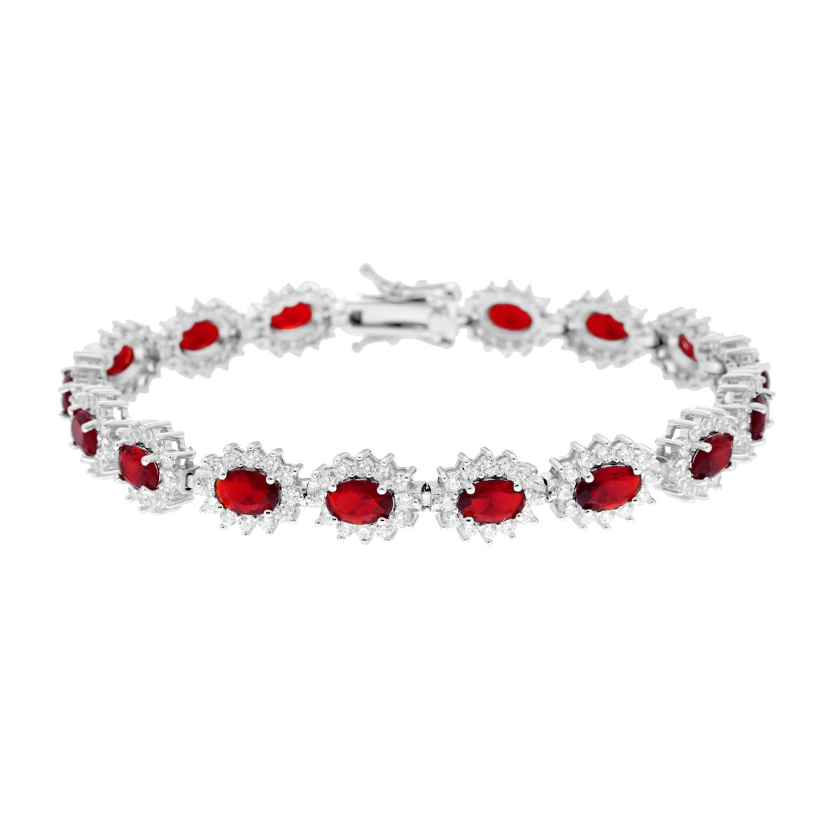 Bracciale Tennis cm 18 Ovali Rosso Rubino contornati da Cubic Zirconia Bianchi in ARGENTO 925 Galvanica Rodio