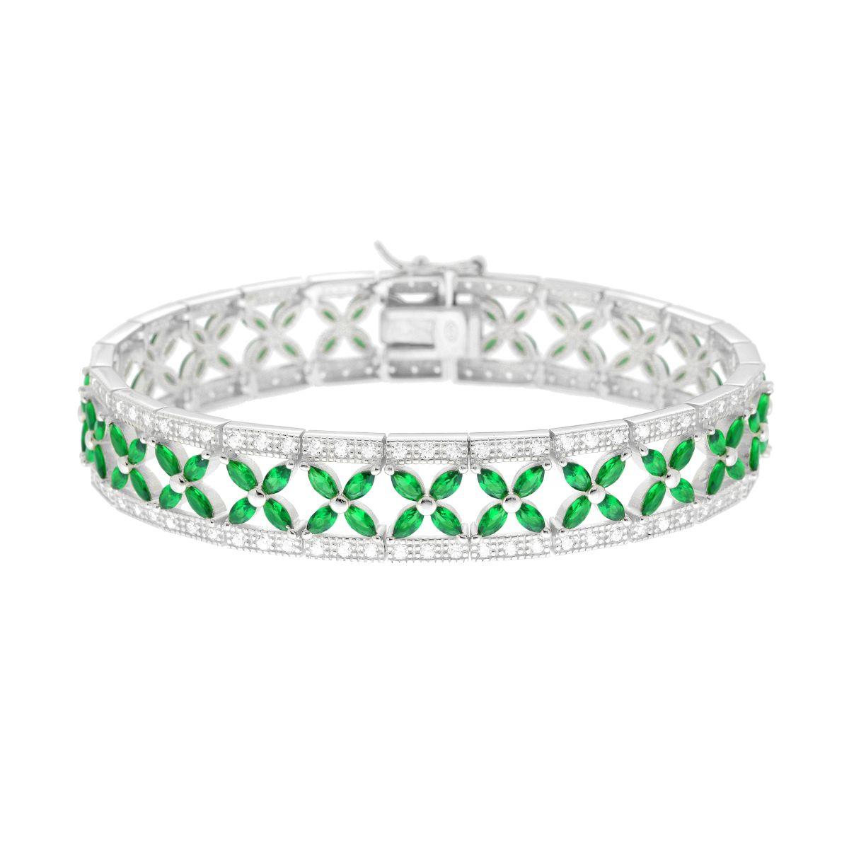Bracciale Tennis Fascia Fiori con Cubic Zirconia Verde Smeraldo e Bianchi in ARGENTO 925 Galvanica Rodio