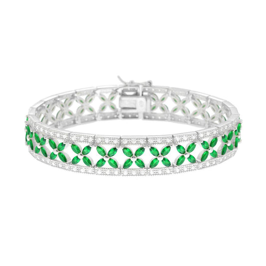 Bracciale Tennis Fascia Fiori con Cubic Zirconia Verde Smeraldo e Bianchi in ARGENTO 925 Galvanica Rodio