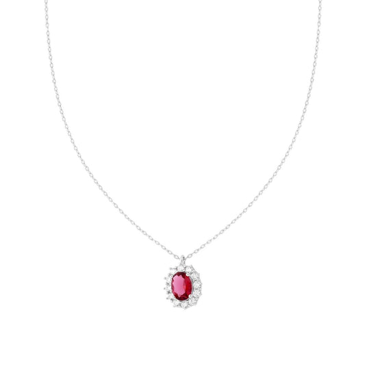 Collana Catena Forzatina Diamantata Ovale Rosso Rubino Contornato da Cubic Zirconia Bianchi in ARGENTO 925 Galvanica Rodio