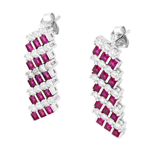 Orecchini Tennis Multiplo con Cubic Zirconia Rosso Rubino e Bianchi in ARGENTO 925 Galvanica Rodio