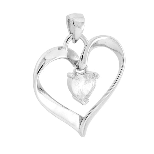 Ciondolo a forma di cuore a nastro con finitura lucida e cubic zirconia bianco a cuore pendente montato su 3 Griffe.