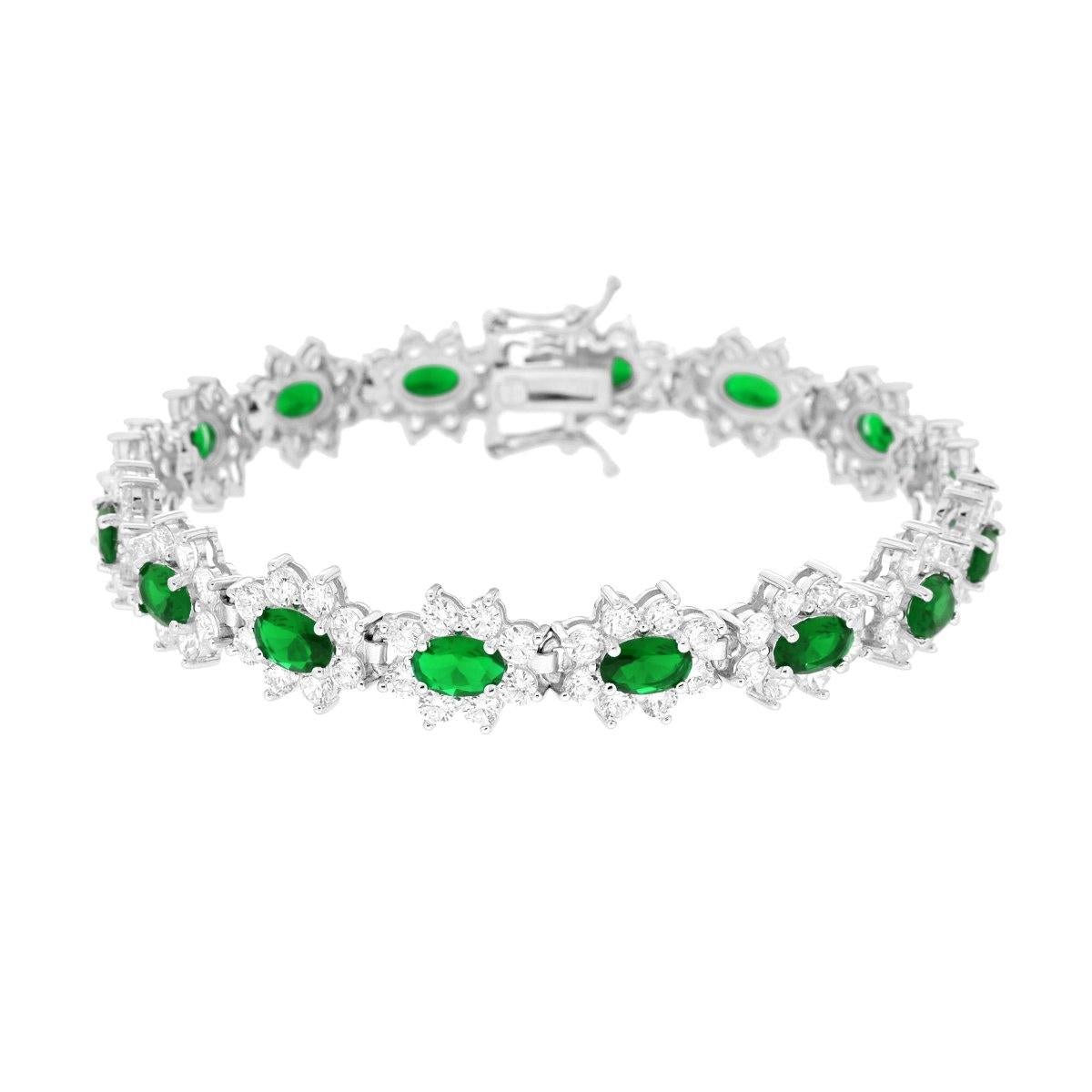Bracciale Tennis cm 18 Ovali Verde Smeraldo contornati da Cubic Zirconia Bianchi in ARGENTO 925 Galvanica Rodio