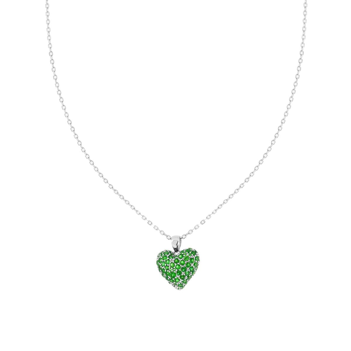Collana Catena Forzatina Diamantata con Cuore Bombato con Cubic Zirconia Verde Smeraldo in ARGENTO 925 Galvanica Rodio