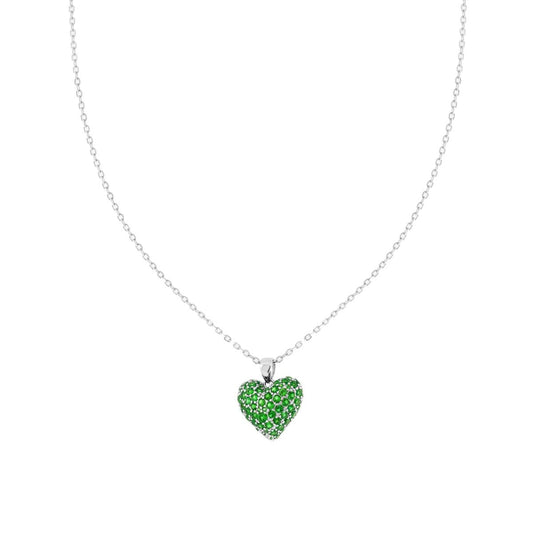 Collana Catena Forzatina Diamantata con Cuore Bombato con Cubic Zirconia Verde Smeraldo in ARGENTO 925 Galvanica Rodio