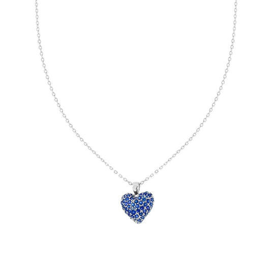 Collana Catena Forzatina Diamantata con Cuore Bombato con Cubic Zirconia Blu Zaffiro in ARGENTO 925 Galvanica Rodio