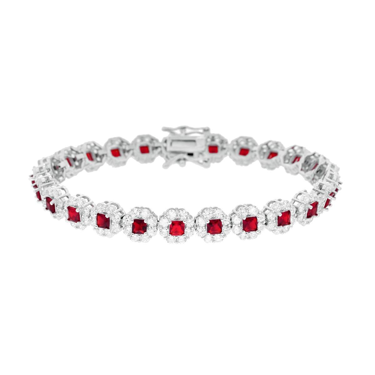 Bracciale Tennis cm 18 Fiori Rosso Rubino Carre contornati da Cubic Zirconia Bianchi in ARGENTO 925 Galvanica Rodio