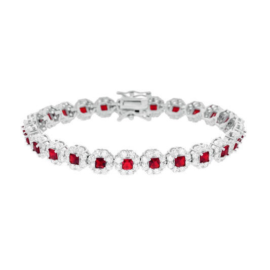 Bracciale Tennis cm 18 Fiori Rosso Rubino Carre contornati da Cubic Zirconia Bianchi in ARGENTO 925 Galvanica Rodio