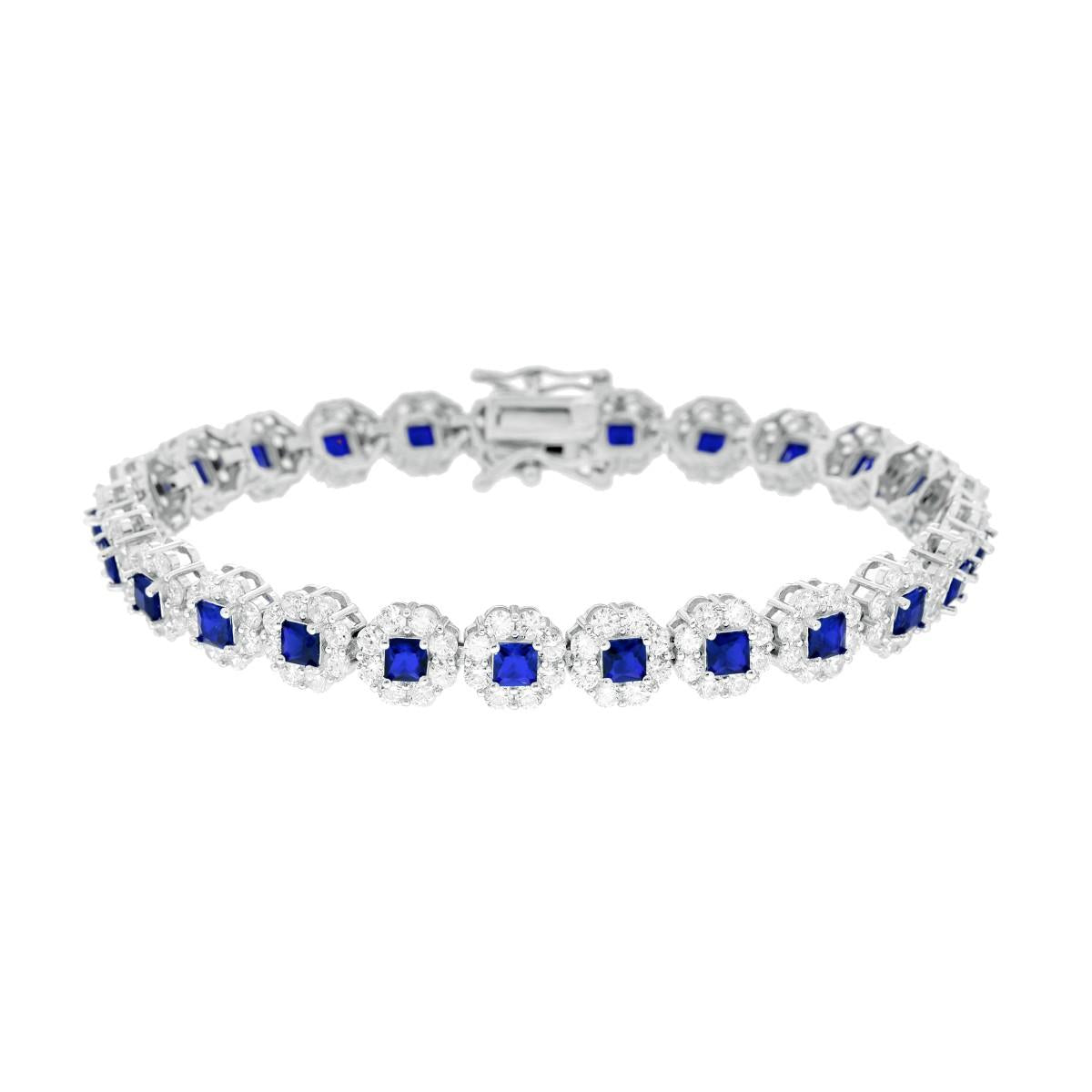 Bracciale Tennis cm 18 Fiori Blu Zaffiro Carre contornati da Cubic Zirconia Bianchi in ARGENTO 925 Galvanica Rodio