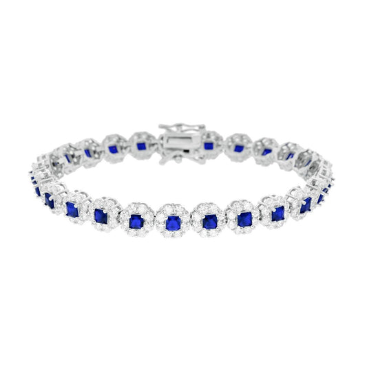 Bracciale Tennis cm 18 Fiori Blu Zaffiro Carre contornati da Cubic Zirconia Bianchi in ARGENTO 925 Galvanica Rodio