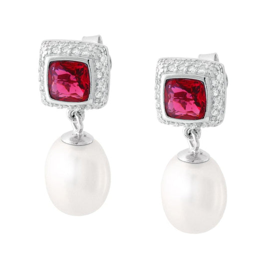 Orecchini Quadrati Rosso Rubino contornato da Cubic Zirconia Bianchi e Perla Ovale pendente in ARGENTO 925 Galvanica Rodio