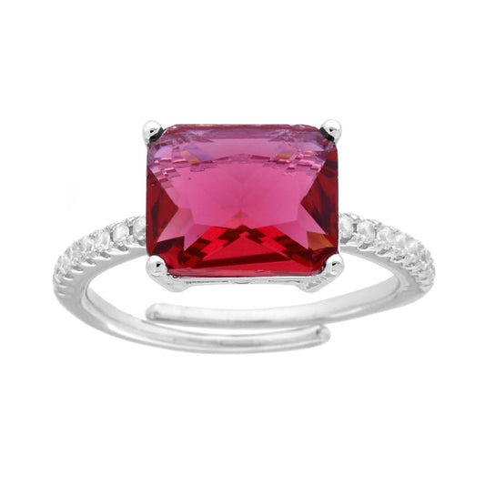 Anello Solitario Rettangolo Rosso Rubino con Cubic Zirconia Bianchi in ARGENTO 925 Galvanica Rodio