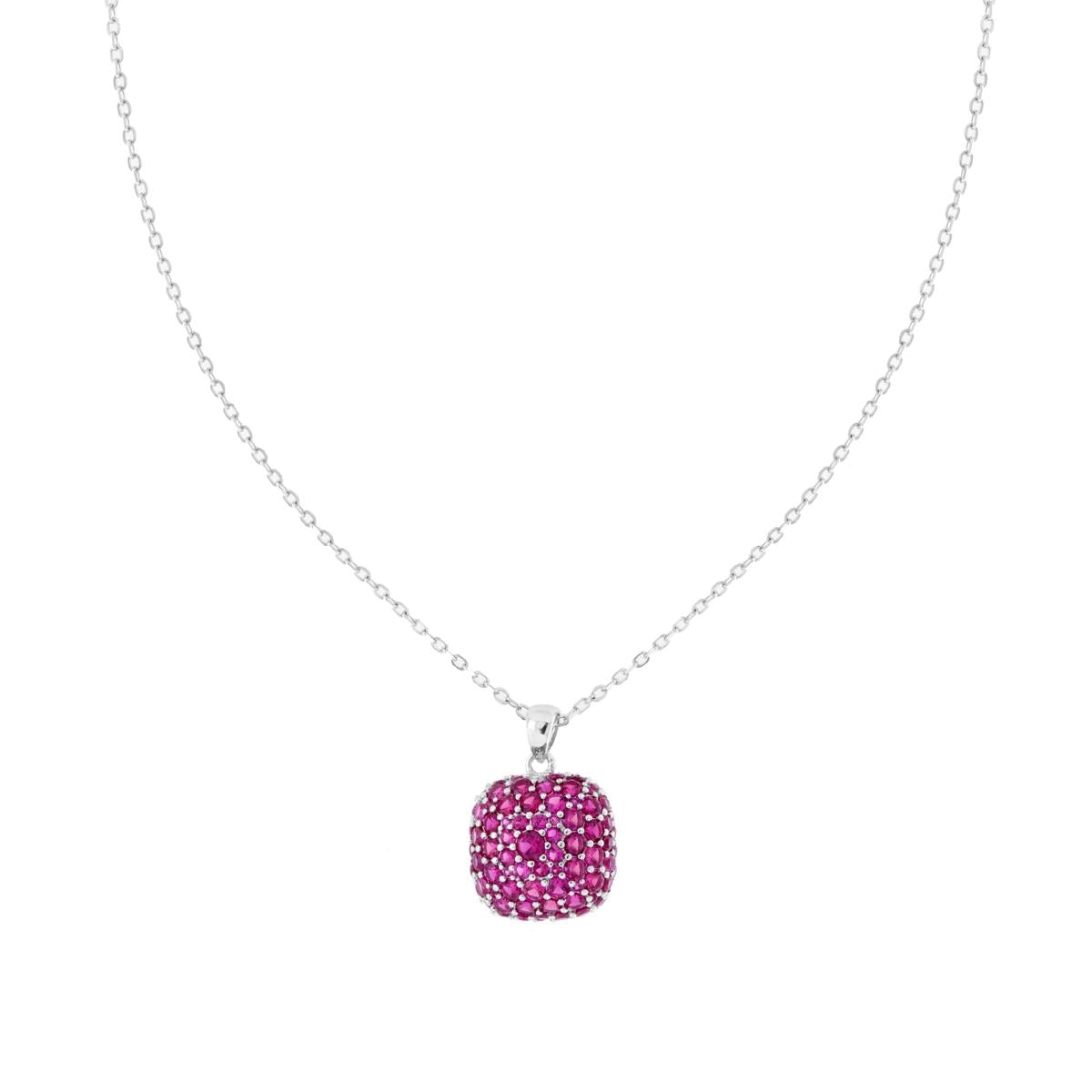 Collana Catena Forzatina Diamantata con Quadrato Bombato con Cubic Zirconia Rosso Rubino in ARGENTO 925 Galvanica Rodio