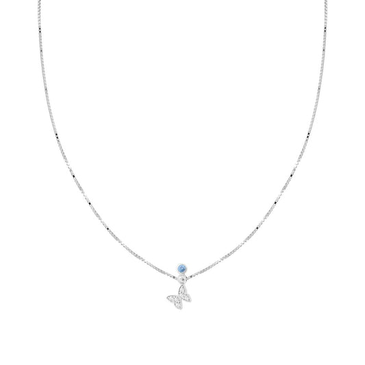 Collana Catena Veneziana Diamantata con Farfalla Cubic Zirconia Bianchi e Punto Luce Acquamarina in ARGENTO 925 Galvanica Rodio