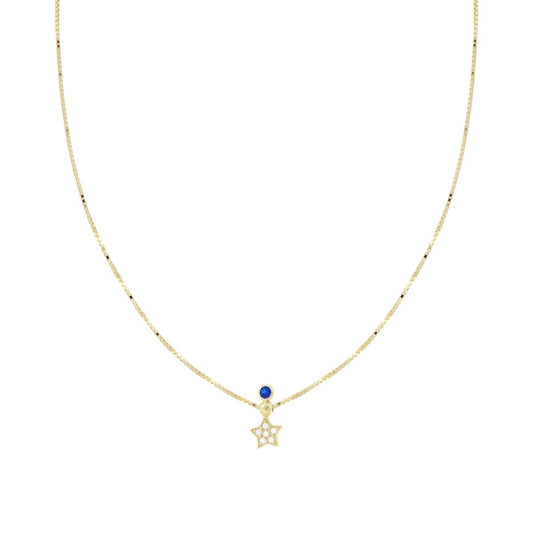 Collana Catena Veneziana Diamantata con Stella Cubic Zirconia Bianchi e Punto Luce Blu Zaffiro in ARGENTO 925 Galvanica Oro