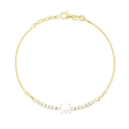 Bracciale Catena Forzatina Diamantata con Perla e Tennis Cubic Zirconia Bianchi in ARGENTO 925 Galvanica Oro